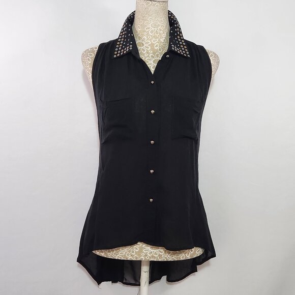Papaya Women Size M Black Studded Sleeveless Button Down Pockets Sheer Top Goth - Picture 1 of 13